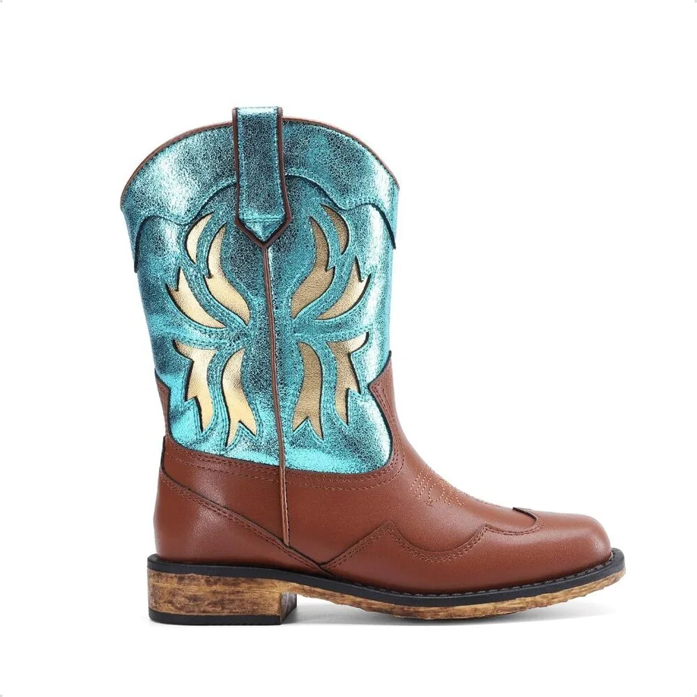 ⚡Girls Blue Square Toe Mid Calf Cowgirl Boots Western Fashion Riding Shoes